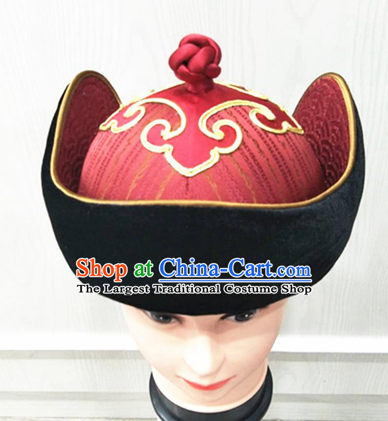 China Mongolian Nationality Wedding Headdress Ancient Yuan Dynasty King Headwear Handmade Bridegroom Red Hat