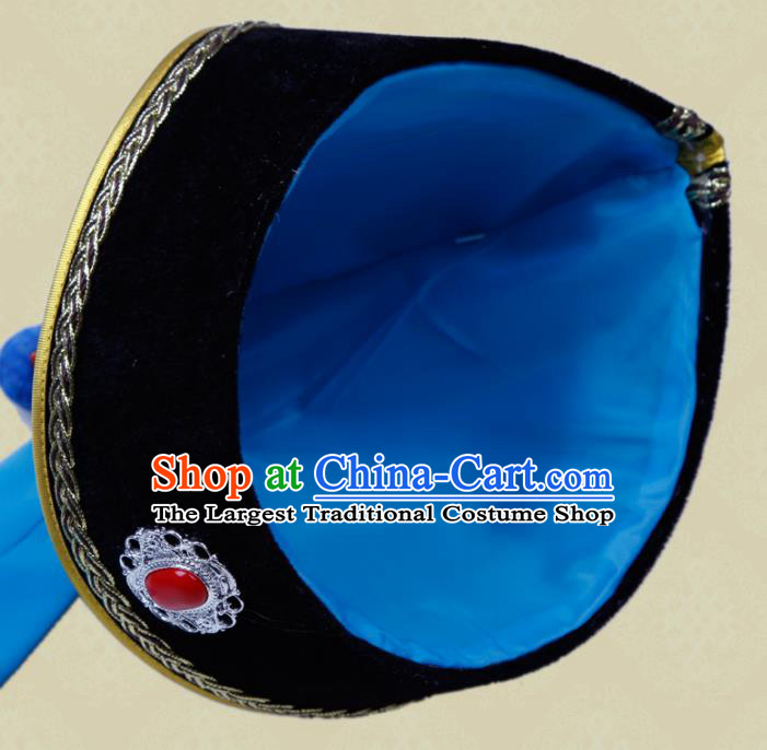 China Mongol Nationality Royal Highness Headwear Handmade Folk Dance Blue Satin Hat Mongolian Nationality Wedding Headdress