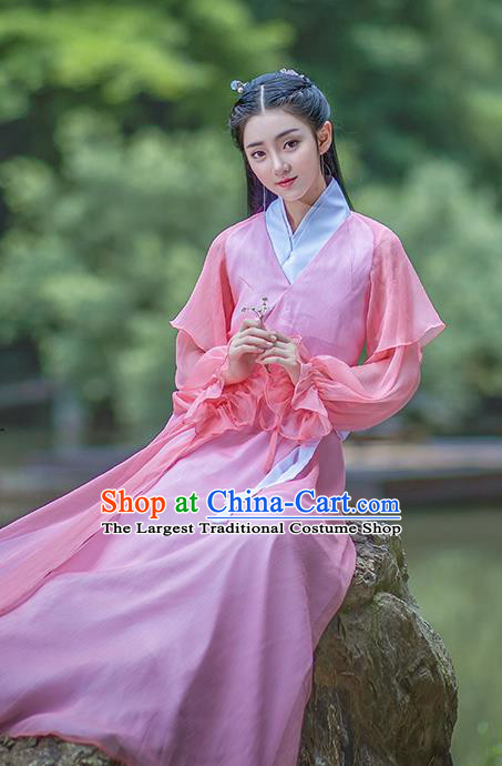 China Traditional Drama Eternal Love Bai Fengjiu Replica Garment Costumes Ancient Fox Princess Pink Hanfu Dress Ming Dynasty Swordswoman Clothing
