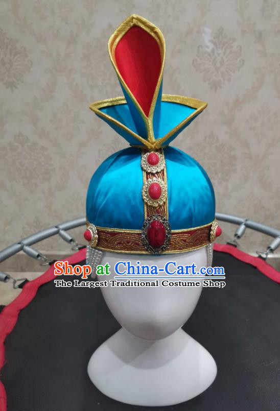China Mongolian Nationality Girl Performance Headdress Mongol Nationality Children Headwear Handmade Folk Dance Blue Hat