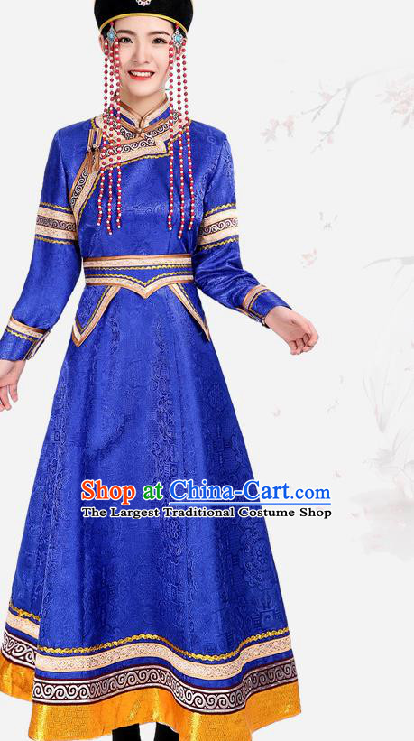 China Mongol Minority Fashion Woman Folk Dance Clothing Mongolian Nationality Performance Costume Ethnic Blue Brocade Dress
