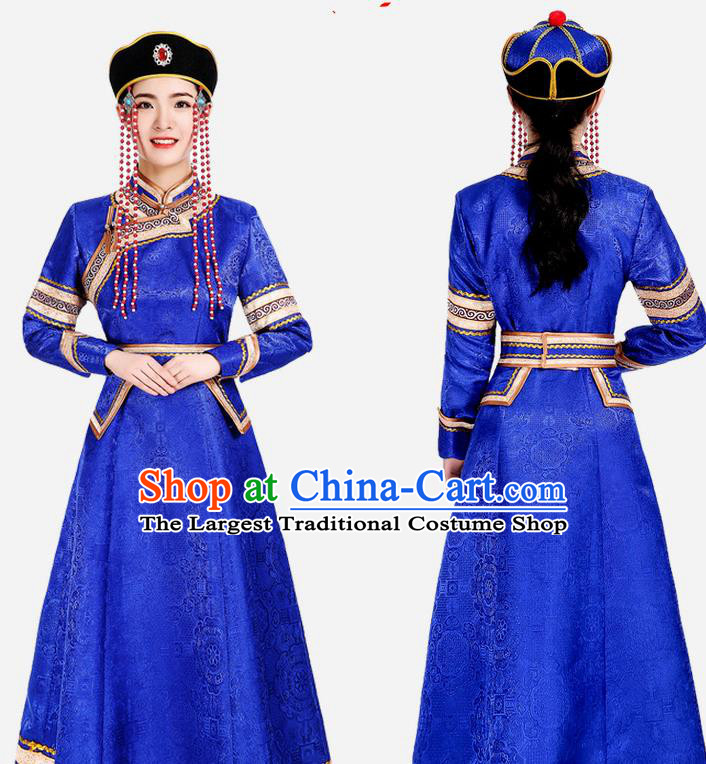 China Mongol Minority Fashion Woman Folk Dance Clothing Mongolian Nationality Performance Costume Ethnic Blue Brocade Dress