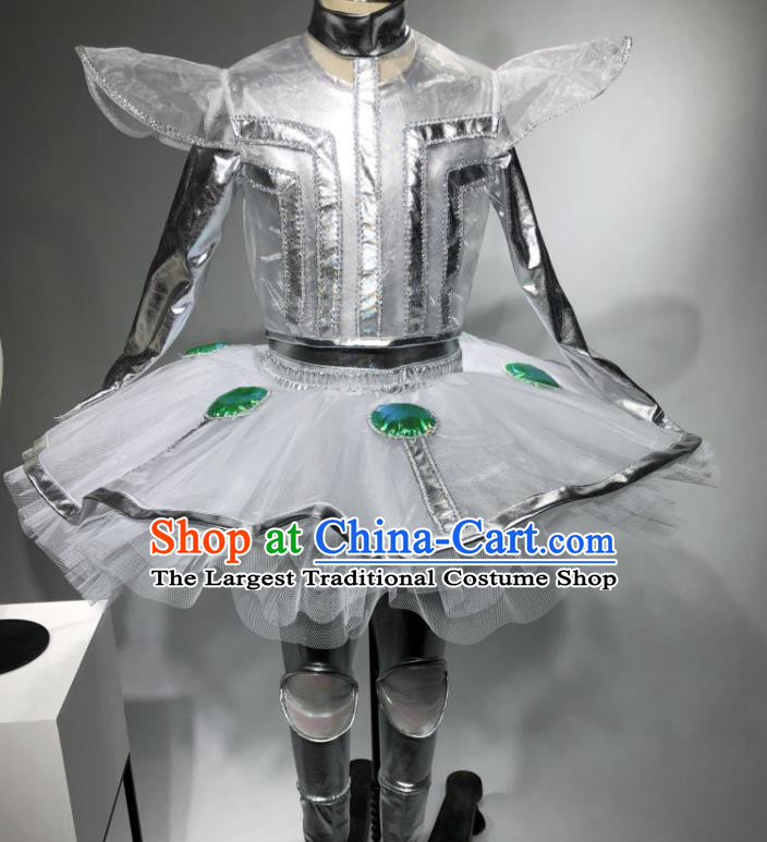 Professional Children Dance Competition Clothing Girl Dancewear Modern Dance Garment Costume Robot Dance White Veil Dress