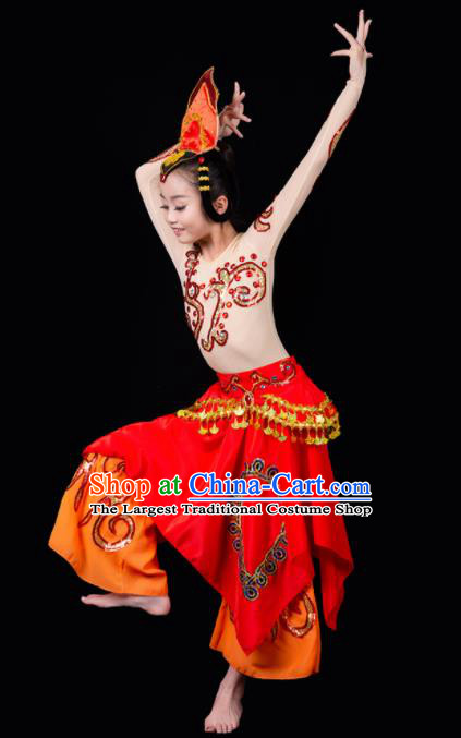 China Children Flying Apsaras Dance Dress Drum Dance Red Outfits Girl Performance Clothing Classical Dance Garment Costumes