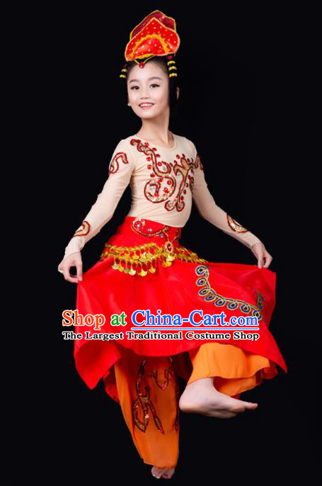 China Children Flying Apsaras Dance Dress Drum Dance Red Outfits Girl Performance Clothing Classical Dance Garment Costumes