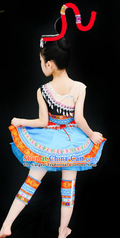 Chinese She Minority Children Dance Clothing Ethnic Girl Dance Costumes Tujia Nationality Stage Performance Blue Dress Outfits