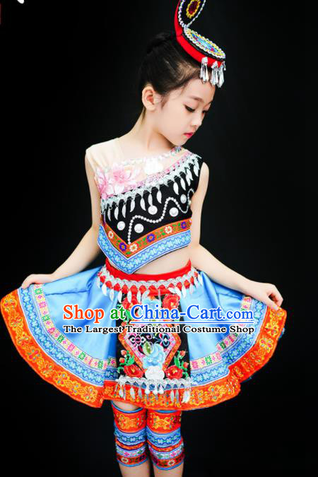 Chinese She Minority Children Dance Clothing Ethnic Girl Dance Costumes Tujia Nationality Stage Performance Blue Dress Outfits