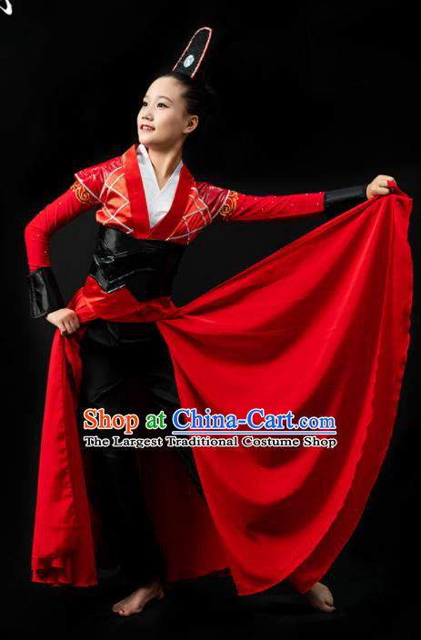 China Girl Kung Fu Performance Clothing Folk Dance Garment Costumes Drum Dance Red Dress Children Swords Dance Outfits