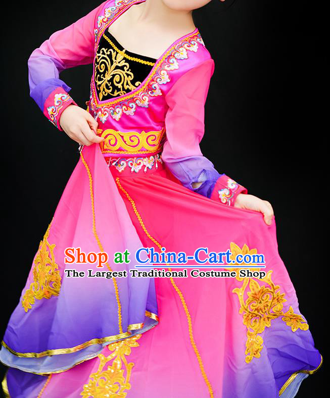 Chinese Uyghur Nationality Stage Performance Pink Dress Outfits Uighur Minority Children Dance Clothing Xinjiang Ethnic Girl Dance Costumes