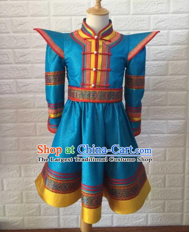 Chinese Mongol Nationality Girl Blue Brocade Robe Ethnic Children Clothing Mongolian Festival Dress Garment