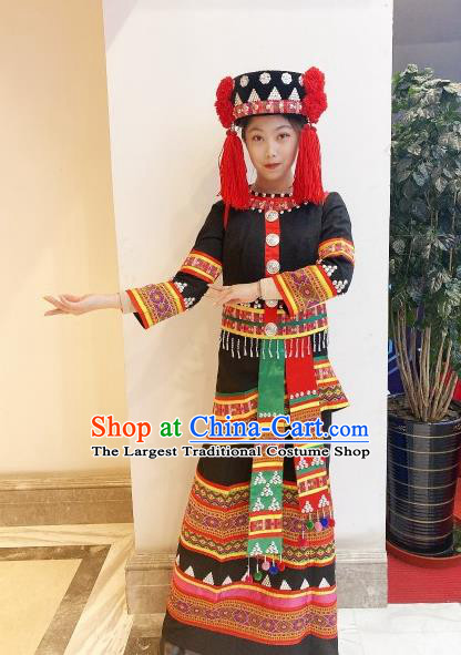 Chinese Ethnic Folk Dance Clothing Traditional Yi Nationality Black Dress Outfits Yunnan Minority Woman Garment Costumes