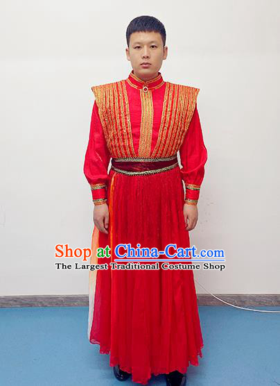 China Drum Dance Red Outfits Folk Dance Costume Spring Festival Gala Opening Dance Apparels Traditional Male Performance Clothing