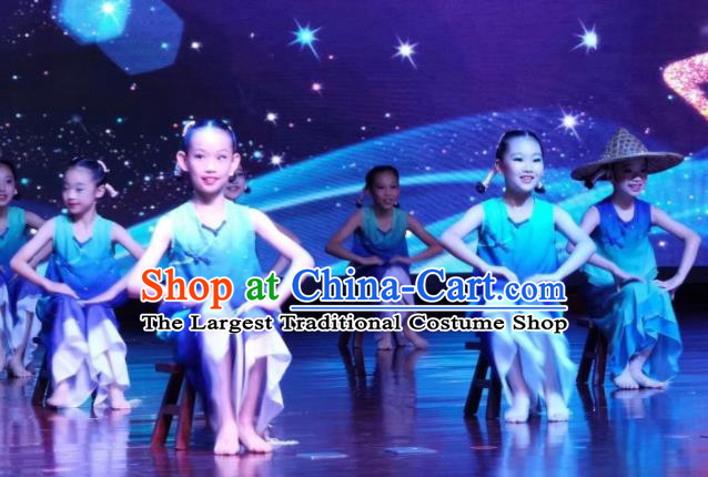 Chinese Children Day Performance Blue Outfits Stage Performance Garments Kids Yangko Dance Costume Fan Dance Clothing