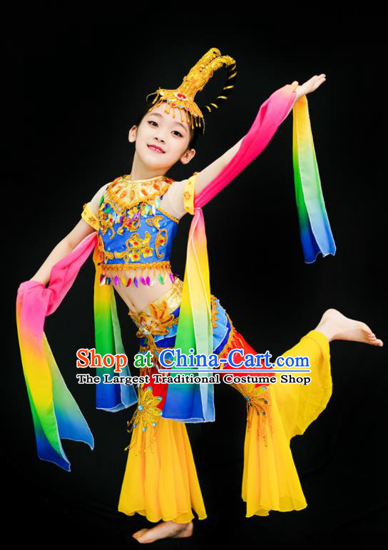 China Children Flying Apsaras Dance Yellow Outfits Girl Performance Clothing Classical Dance Garment Costumes Fairy Dance Dress