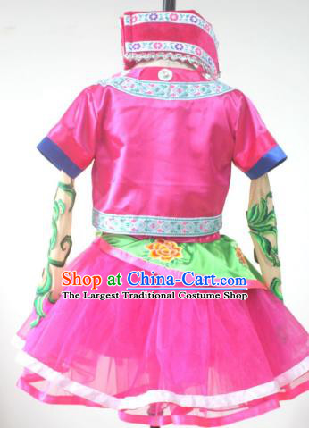 Chinese Tujia Minority Children Dance Clothing Xiangxi Ethnic Girl Dance Costumes Yi Nationality Stage Performance Rosy Dress Outfits
