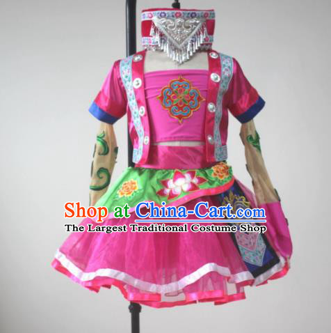 Chinese Tujia Minority Children Dance Clothing Xiangxi Ethnic Girl Dance Costumes Yi Nationality Stage Performance Rosy Dress Outfits