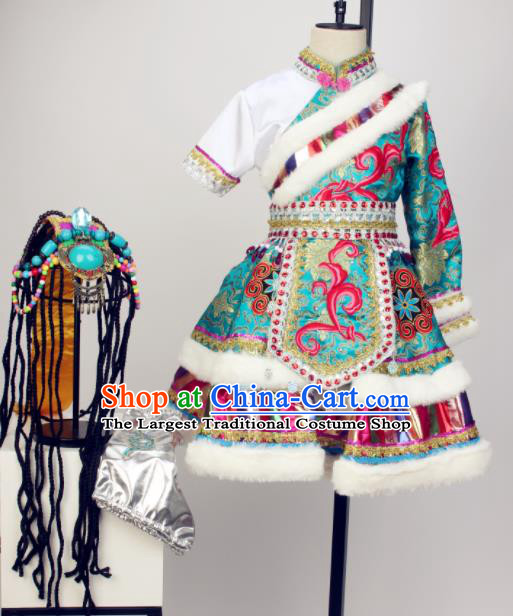 Chinese Zang Nationality Stage Performance Dress Outfits Tibetan Minority Children Dance Clothing Ethnic Girl Dance Costumes