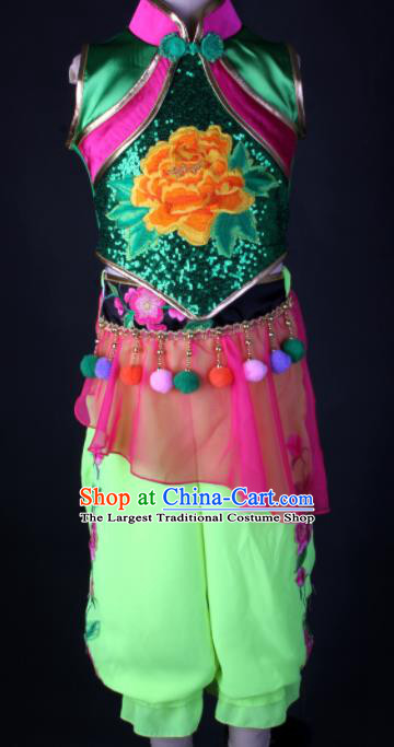 China Folk Dance Garment Costumes Fan Dance Dress Children Yangko Dance Green Outfits Girl Performance Clothing