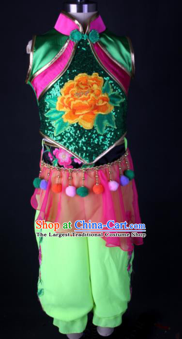 China Folk Dance Garment Costumes Fan Dance Dress Children Yangko Dance Green Outfits Girl Performance Clothing