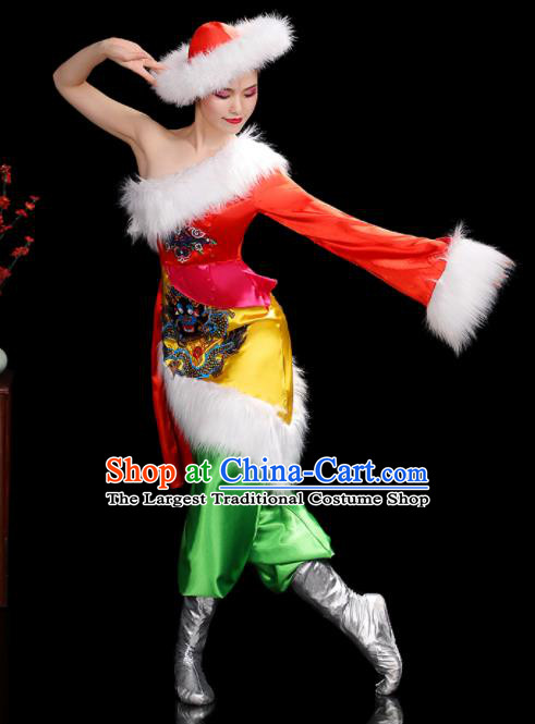 Chinese Zang Nationality Stage Performance One Shoulder Outfits Tibetan Minority Woman Dance Clothing Ethnic Folk Dance Costumes