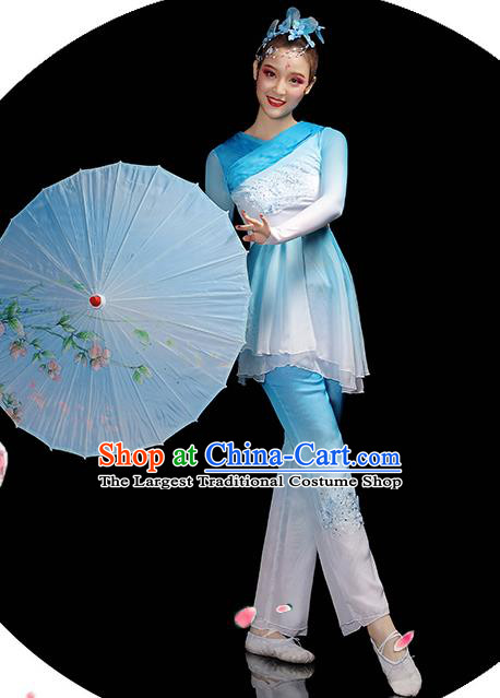 Chinese Folk Dance Costumes Traditional Yangko Dance Apparels Women Group Performance Clothing Fan Dance Blue Dress Outfits