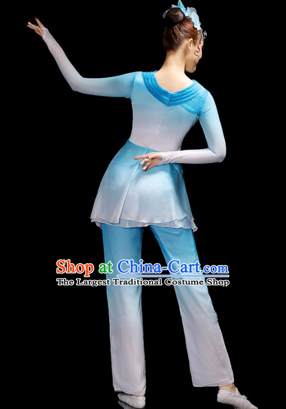 Chinese Folk Dance Costumes Traditional Yangko Dance Apparels Women Group Performance Clothing Fan Dance Blue Dress Outfits