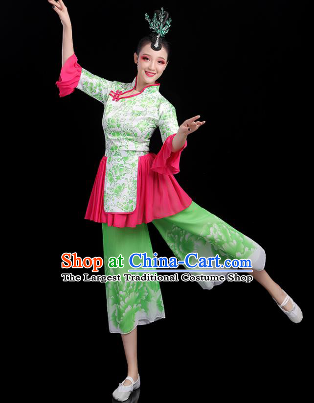 Chinese Traditional Yangko Dance Apparels Women Group Performance Clothing Fan Dance Printing Green Outfits Folk Dance Costumes