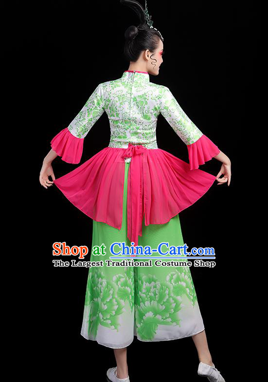 Chinese Traditional Yangko Dance Apparels Women Group Performance Clothing Fan Dance Printing Green Outfits Folk Dance Costumes