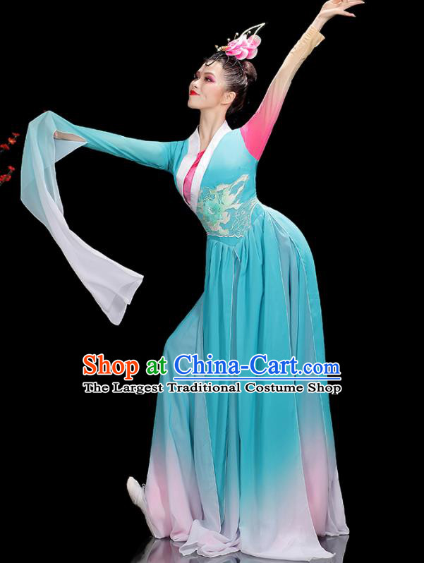 China Woman Performance Clothing Classical Dance Garment Costumes Umbrella Dance Dress Jinghong Dance Blue Outfits