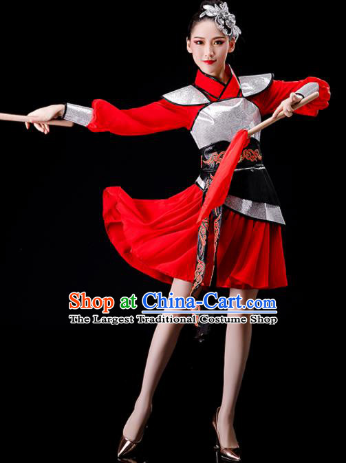 Chinese Traditional Drum Dance Apparels Women Group Performance Clothing Yangko Dance Red Dress Outfits Folk Dance Costumes