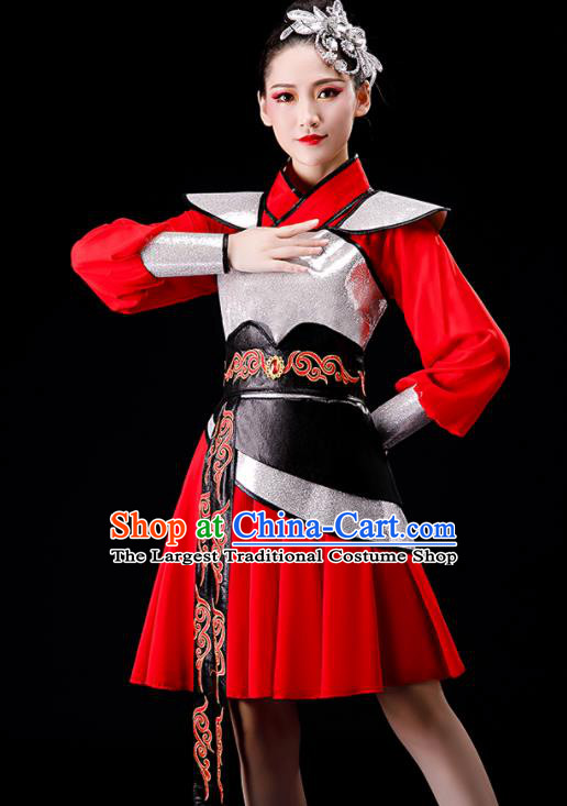 Chinese Traditional Drum Dance Apparels Women Group Performance Clothing Yangko Dance Red Dress Outfits Folk Dance Costumes