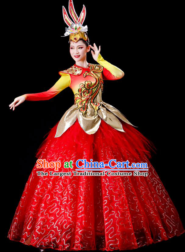 Professional China Stage Performance Costume Women Group Dance Garments Modern Dance Clothing Spring Festival Gala Opening Dance Red Dress