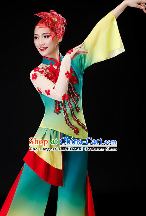Chinese Yangko Dance Green Outfits Folk Dance Costumes Traditional Umbrella Dance Apparels Women Group Performance Clothing