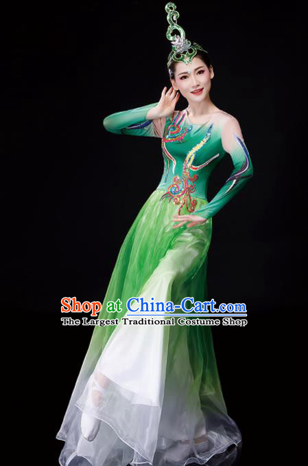China Woman Group Dancewear Classical Dance Clothing Umbrella Dance Garment Costumes Fan Dance Green Dress