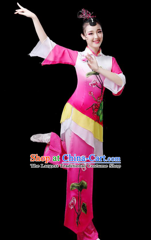 Chinese Folk Dance Costumes Traditional Lotus Dance Apparels Women Group Performance Clothing Yangko Dance Rosy Outfits