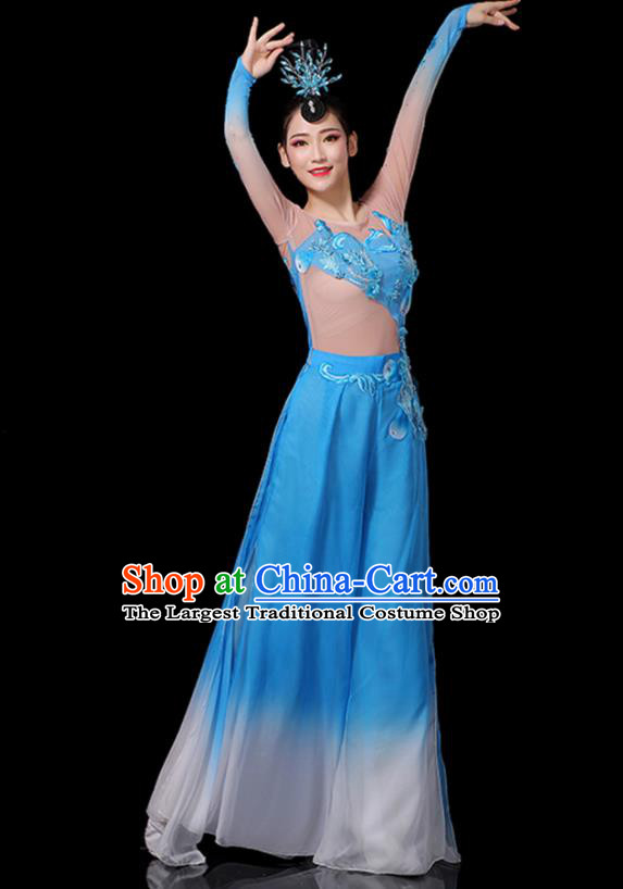 Chinese New Year Drum Dance Costumes Yangko Performance Apparels Folk Dance Clothing Traditional Fan Dance Blue Outfits