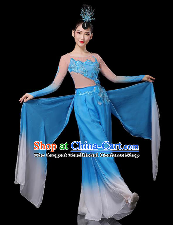 Chinese New Year Drum Dance Costumes Yangko Performance Apparels Folk Dance Clothing Traditional Fan Dance Blue Outfits
