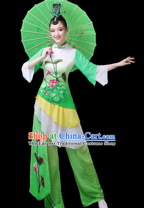 Chinese Yangko Dance Green Outfits Folk Dance Costumes Traditional Lotus Dance Apparels Women Group Performance Clothing