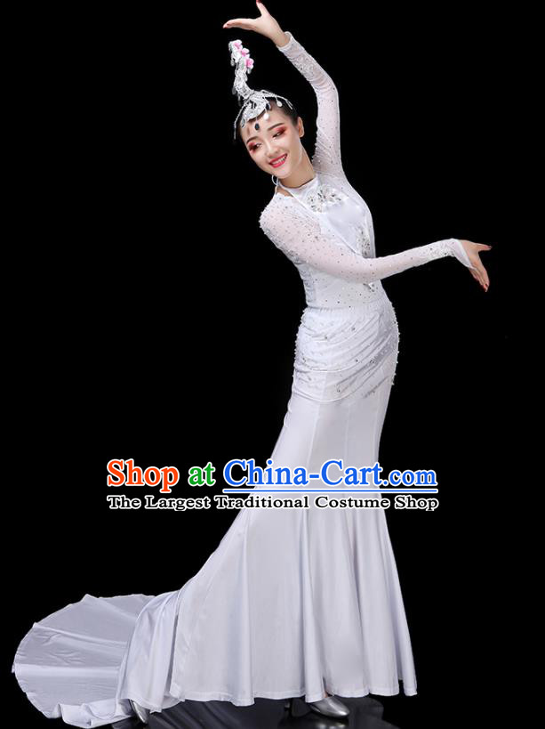 Chinese Dai Minority Folk Dance Clothing Yunnan Ethnic Festival Performance Costumes Tai Nationality Peacock Dance White Dress Outfits
