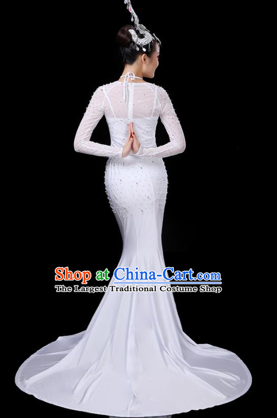 Chinese Dai Minority Folk Dance Clothing Yunnan Ethnic Festival Performance Costumes Tai Nationality Peacock Dance White Dress Outfits