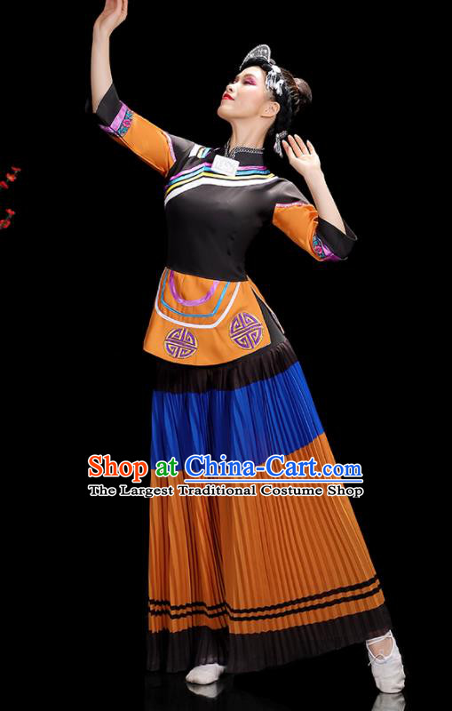 Chinese Yunnan Ethnic Female Dance Costumes Yi Nationality Stage Performance Orange Dress Outfits Li Minority Dance Clothing