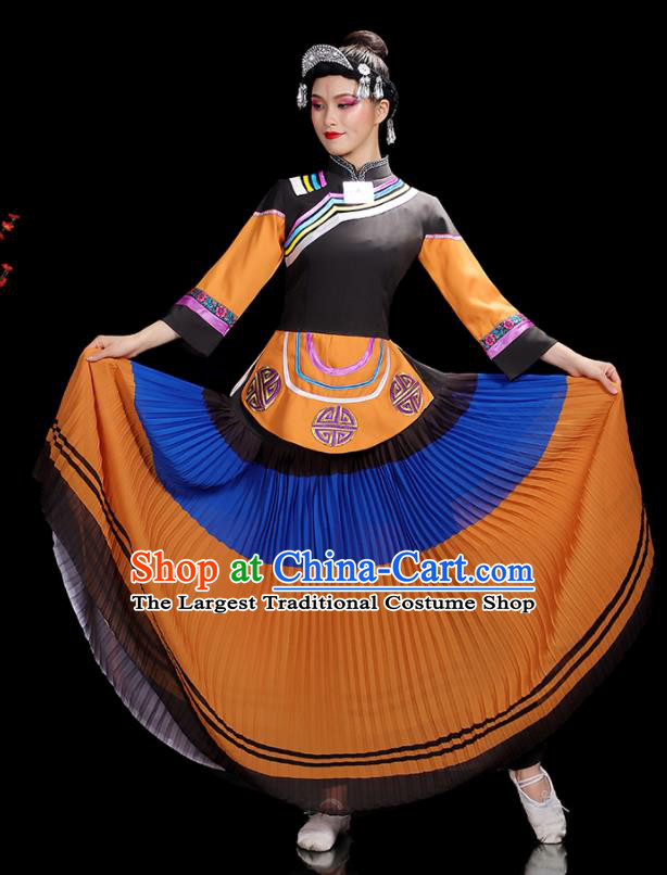 Chinese Yunnan Ethnic Female Dance Costumes Yi Nationality Stage Performance Orange Dress Outfits Li Minority Dance Clothing