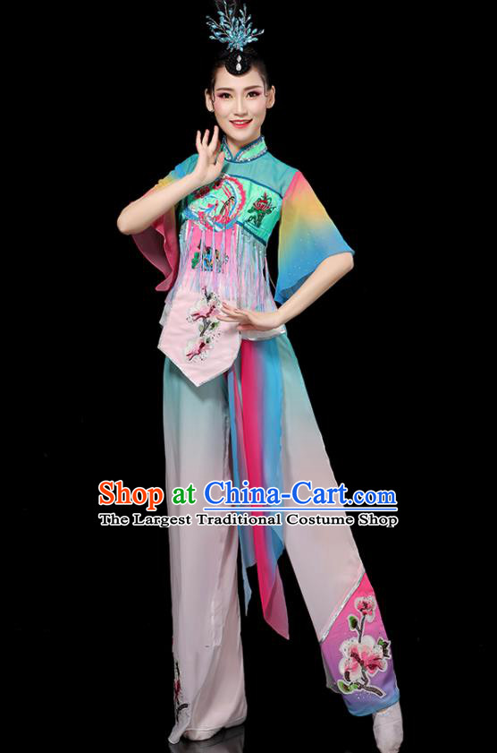 Chinese Folk Dance Clothing Traditional Fan Dance Blue Outfits Waist Drum Dance Costumes Yangko Performance Apparels