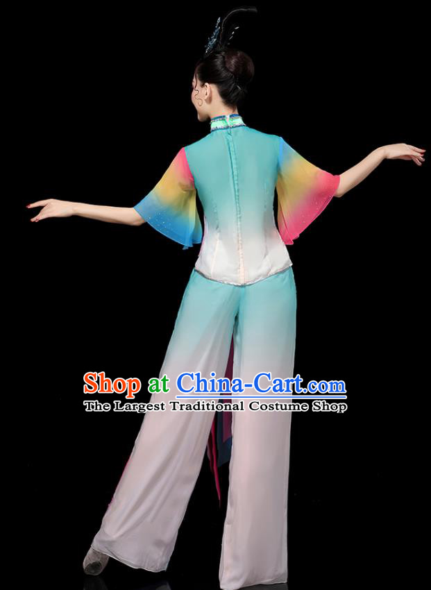 Chinese Folk Dance Clothing Traditional Fan Dance Blue Outfits Waist Drum Dance Costumes Yangko Performance Apparels