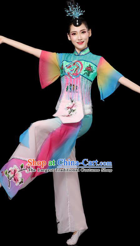Chinese Folk Dance Clothing Traditional Fan Dance Blue Outfits Waist Drum Dance Costumes Yangko Performance Apparels