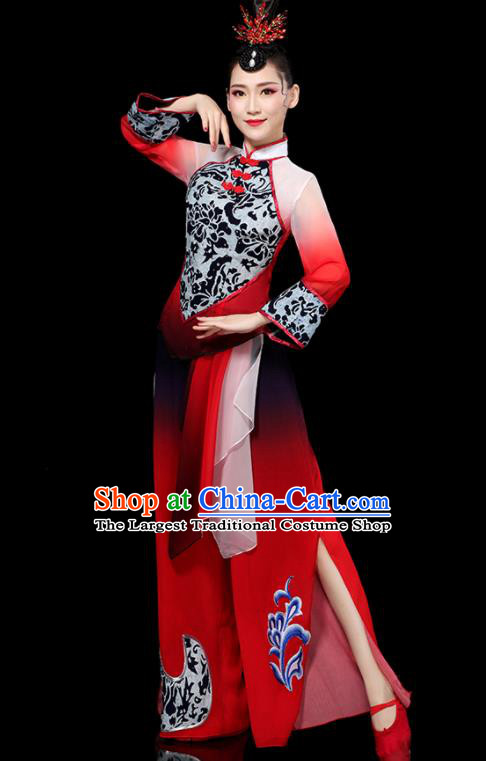 Chinese Yangko Performance Apparels Folk Dance Clothing Traditional Fan Dance Red Outfits Female Group Dance Costumes