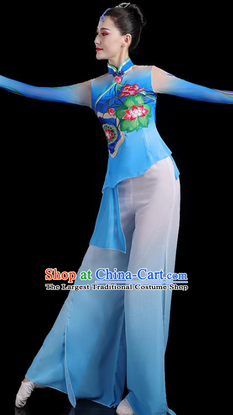 Chinese Traditional Fan Dance Blue Outfits Female Lotus Dance Costumes Yangko Performance Apparels Folk Dance Clothing