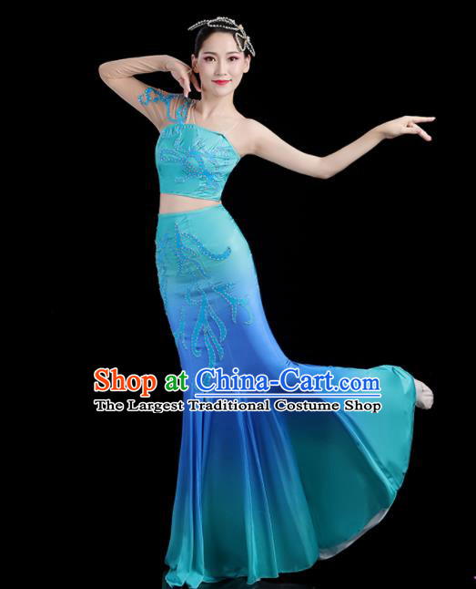 Chinese Dai Nationality Stage Performance Blue Dress Outfits Tai Minority Peacock Dance Clothing Yunnan Ethnic Pavane Dance Costumes