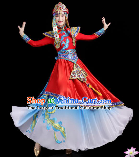 Chinese Mongolian Minority Female Dance Clothing Ethnic Festival Costumes Mongol Nationality Stage Performance Red Dress Outfits