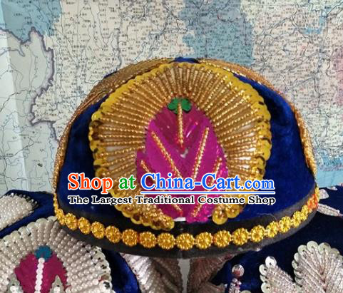 Chinese Uyghur Nationality Embroidered Golden Beads Hat Xinjiang Minority Folk Dance Headdress Ethnic Male Performance Headwear